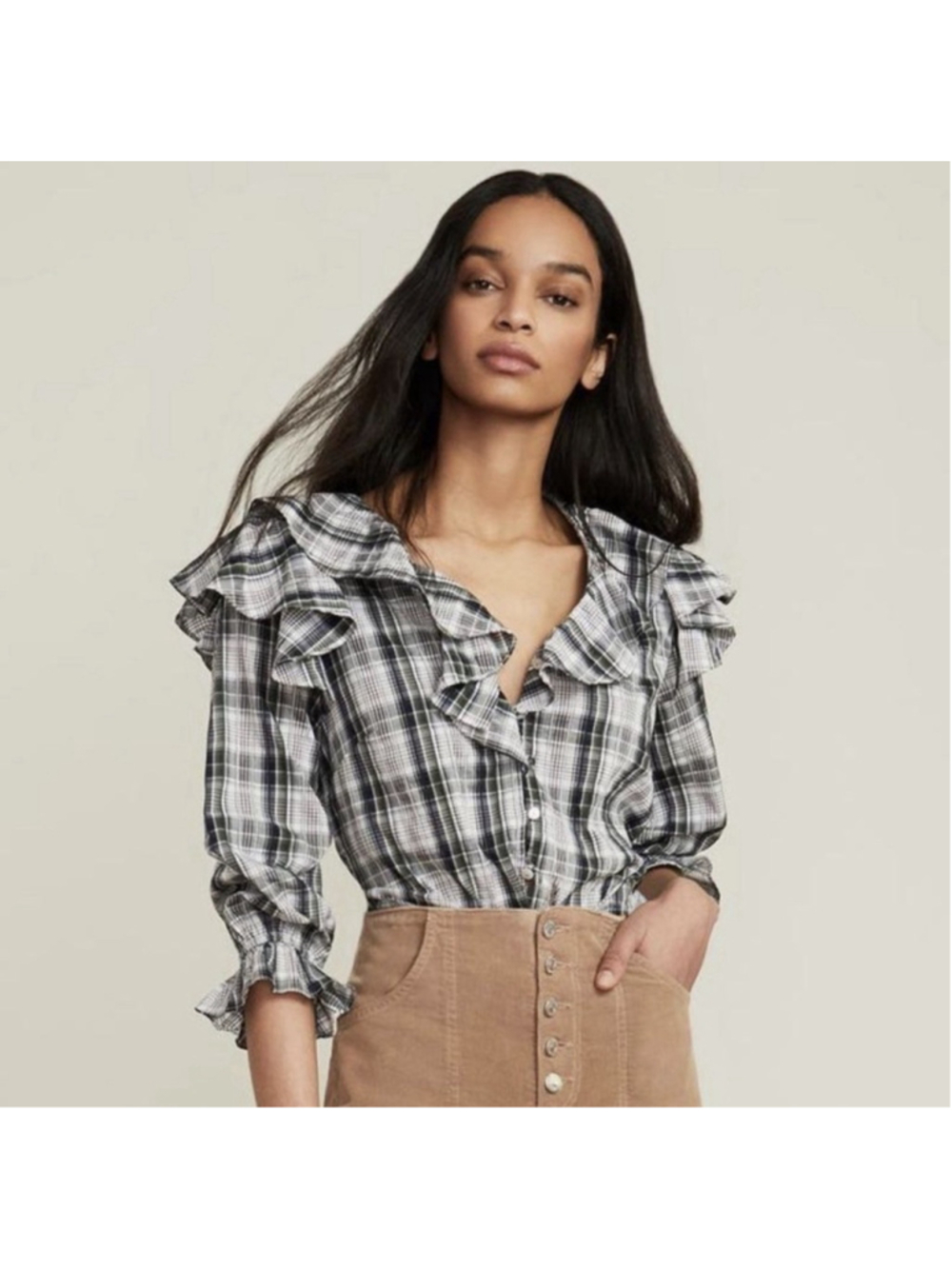 Veronica Beard 2 Plaid Ruffled Itha Top Long Sleeve Button Down Cotton Blend